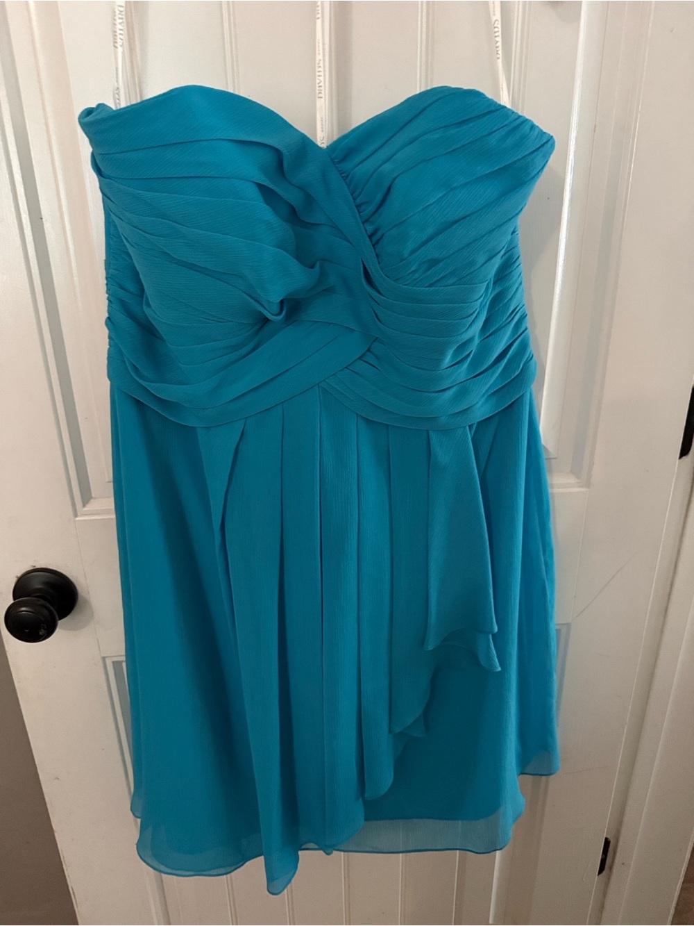 David's Bridal Strapless Ruched Chiffon Dress in Teal Blue